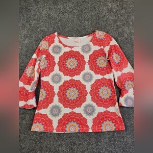 Michelle Parisou 3/4 Bell Sleeve Blouse Sz Medium Scuba Stretchy Geometric